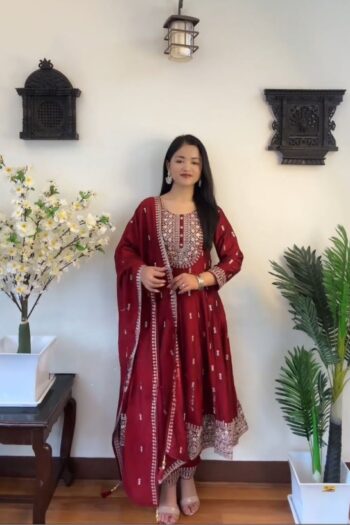 Red Royalty Luxury Chinon Silk Gown-Pant-Dupatta Trio