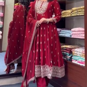 Red Royalty Luxury Chinon Silk Gown-Pant-Dupatta Trio