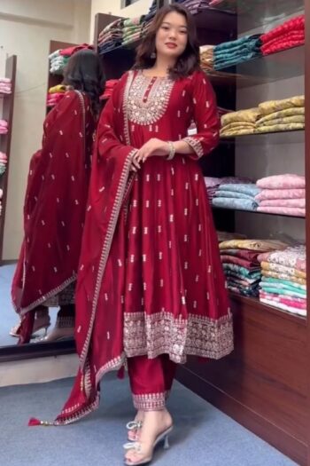 Red Royalty Luxury Chinon Silk Gown-Pant-Dupatta Trio
