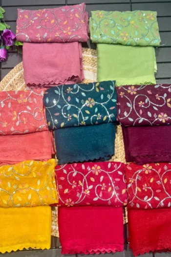 Premium Chiffon Saree with Rich Embroidery & Cutwork Lace