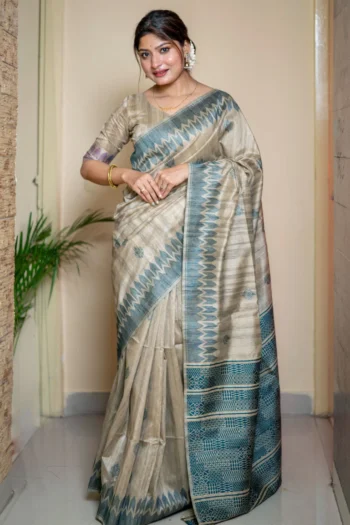 Premium Tussar Silk Saree with Temple Border & Weaving Design
