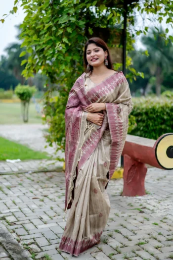 Premium Tussar Silk Saree with Temple Border & Weaving Design
