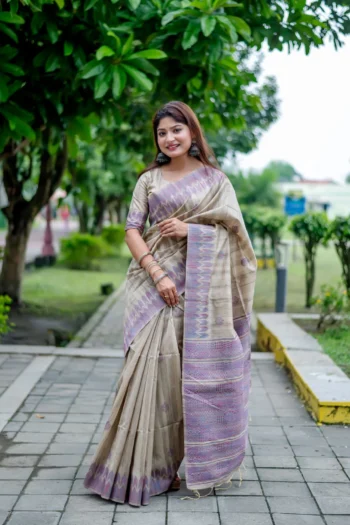 Premium Tussar Silk Saree with Temple Border & Weaving Design