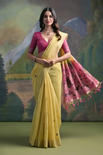 Premium Muga Silk Saree with Colorful Resham Peacock Design