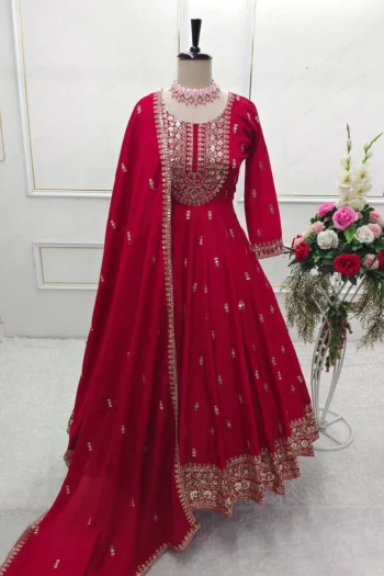 Red Royalty Luxury Chinon Silk Gown-Pant-Dupatta Trio