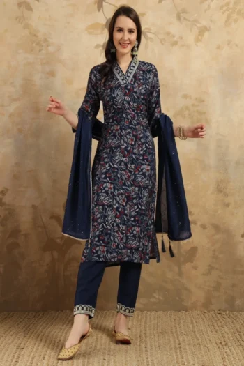 Embroidered Viscose Chanderi Festival Suit Set with Dupatta