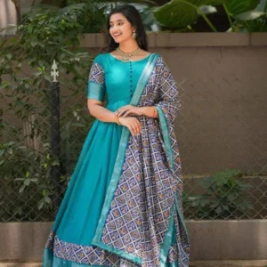 Elegant Blue Patola Print Vichitra Silk Gown with Dupatta