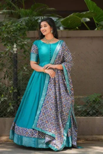 Elegant Blue Patola Print Vichitra Silk Gown with Dupatta