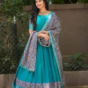 Elegant Blue Patola Print Vichitra Silk Gown with Dupatta