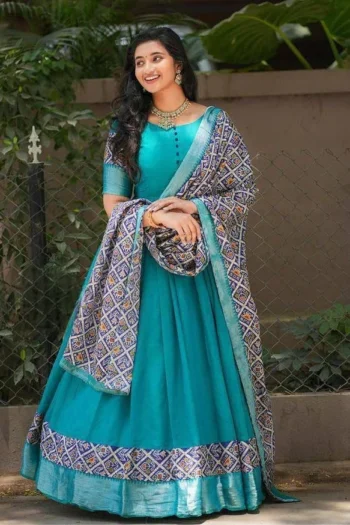 Elegant Blue Patola Print Vichitra Silk Gown with Dupatta