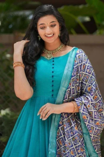 Elegant Blue Patola Print Vichitra Silk Gown with Dupatta