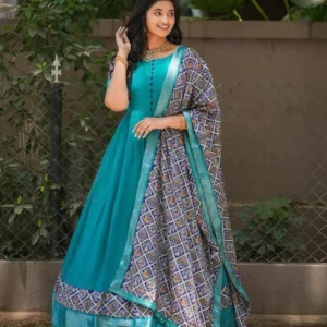 Elegant Blue Patola Print Vichitra Silk Gown with Dupatta