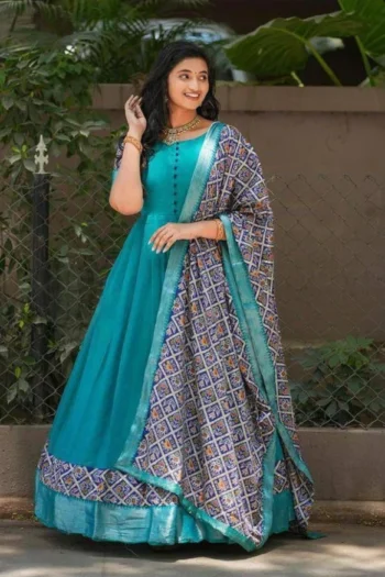 Elegant Blue Patola Print Vichitra Silk Gown with Dupatta