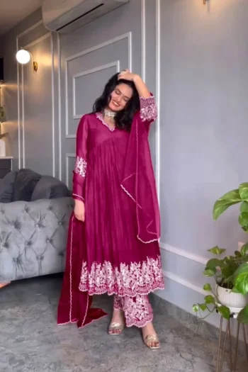 Premium Alia Cut Chinon Silk Gown with Embroidered Palazzo Set