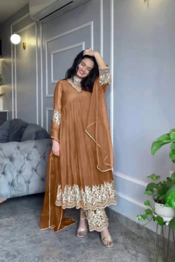 Premium Alia Cut Chinon Silk Gown with Embroidered Palazzo Set