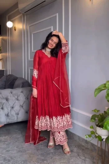 Premium Alia Cut Chinon Silk Gown with Embroidered Palazzo Set