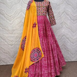 Royal Mirage: Chinon Silk Gown with Mirror Work Dupatta