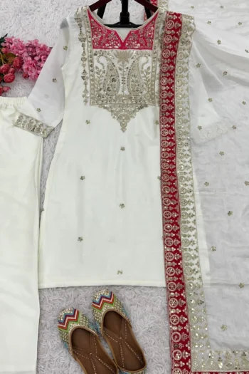 Pure Chinnon Silk Embroidered Top-Bottom & Dupatta Set – Stitched