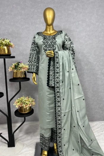 GlamSilk Ensemble: Embroidered Top and Plazzo with Dupatta