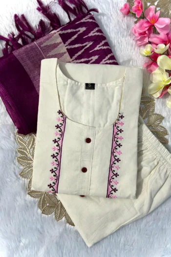 Designer Khadi Cotton Kurti Set with Embroidery & Bhagalpuri