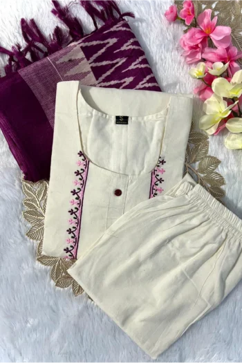 Designer Khadi Cotton Kurti Set with Embroidery & Bhagalpuri