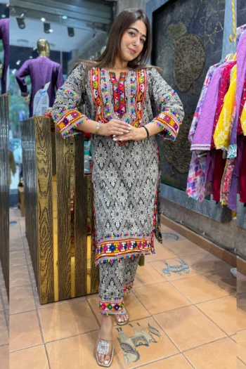 Royal Maslin Silk Embroidered Top & Bottom Set with Mirror Work