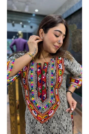 Royal Maslin Silk Embroidered Top & Bottom Set with Mirror Work
