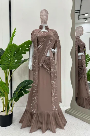 Ready-to-Wear Ruffle Lehenga Saree Set with Embroidered Sequins Shrug