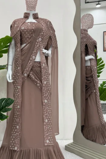 Ready-to-Wear Ruffle Lehenga Saree Set with Embroidered Sequins Shrug