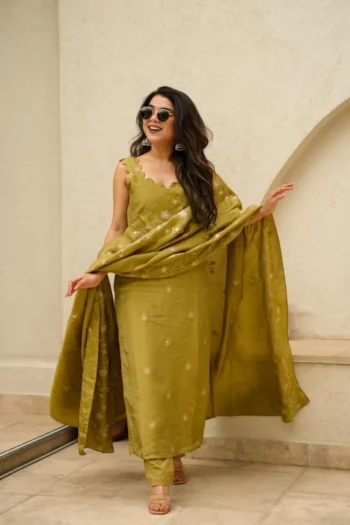 Embroidered Neon Chinnon Silk Kurta Palazzo Set with Dupatta