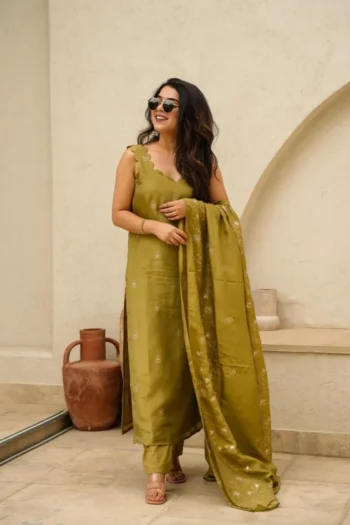 Embroidered Neon Chinnon Silk Kurta Palazzo Set with Dupatta