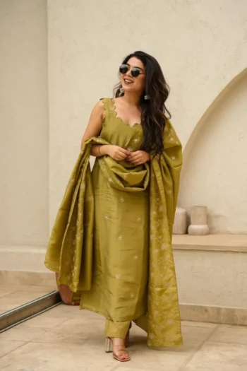Embroidered Neon Chinnon Silk Kurta Palazzo Set with Dupatta