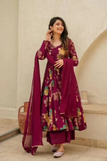 Nurani Elegance: Wine Muslin Suit Set with Georgette Dupatta