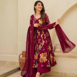 Nurani Elegance: Wine Muslin Suit Set with Georgette Dupatta