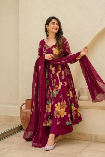 Nurani Elegance: Wine Muslin Suit Set with Georgette Dupatta
