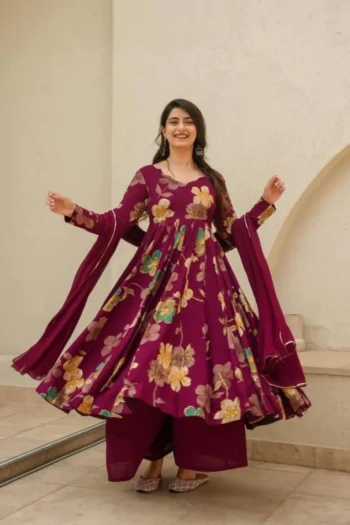 Nurani Elegance: Wine Muslin Suit Set with Georgette Dupatta