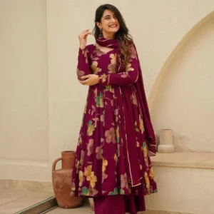 Nurani Elegance: Wine Muslin Suit Set with Georgette Dupatta