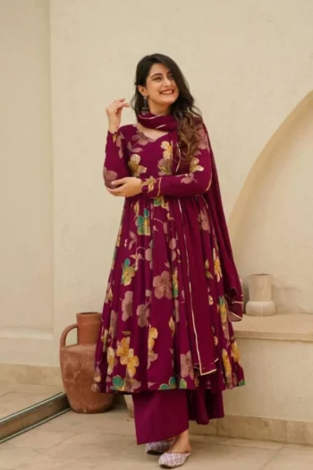 Nurani Elegance: Wine Muslin Suit Set with Georgette Dupatta