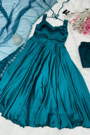 Satin Anarkali Gown with Sequins Embroidered Net Dupatta