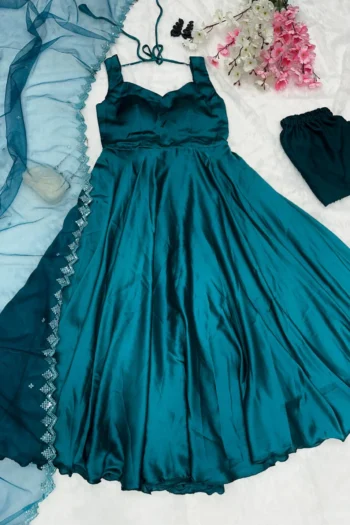 Satin Anarkali Gown with Sequins Embroidered Net Dupatta