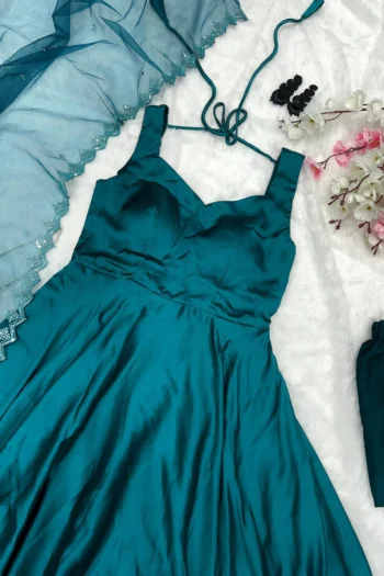 Satin Anarkali Gown with Sequins Embroidered Net Dupatta