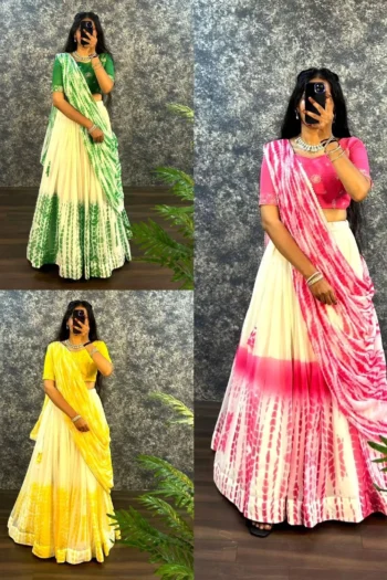 Shibori Print Georgette Lehenga with Zari Blouse & Dupatta