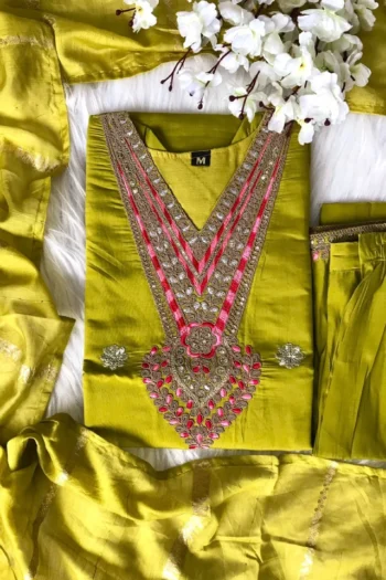 Silk Kurti Pant & Dupatta Set with Elegant Embroidery & Sequins