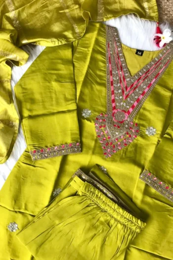 Silk Kurti Pant & Dupatta Set with Elegant Embroidery & Sequins