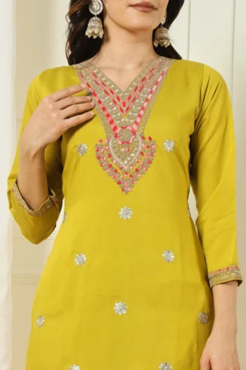 Silk Kurti Pant & Dupatta Set with Elegant Embroidery & Sequins