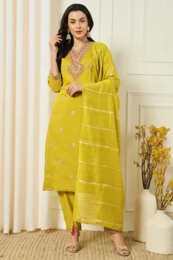 Silk Kurti Pant & Dupatta Set with Elegant Embroidery & Sequins