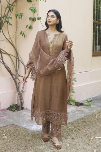 Elegant Chanderi Silk Party Wear Set: Embroidered Top, Bottom & Dupatta