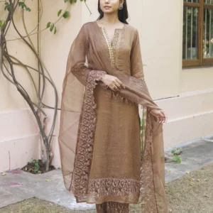 Elegant Chanderi Silk Party Wear Set: Embroidered Top, Bottom & Dupatta