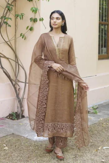 Elegant Chanderi Silk Party Wear Set: Embroidered Top, Bottom & Dupatta