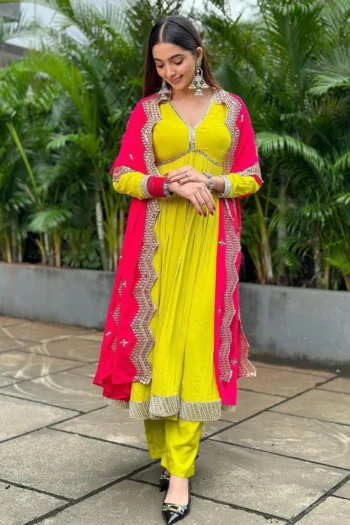 Heavy Embroidered Fox Georgette Gown Set with Mirror Dupatta